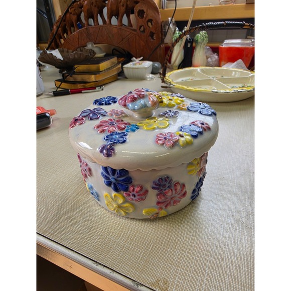 Arnel's Other - Vintage 1978 Arnel's Ceramic Lidded Canister Raised Floral Trinket Jar Blue Pink